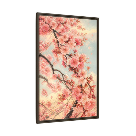 Main Mockup. Cherry Blossom Breeze shown as framed canvas print