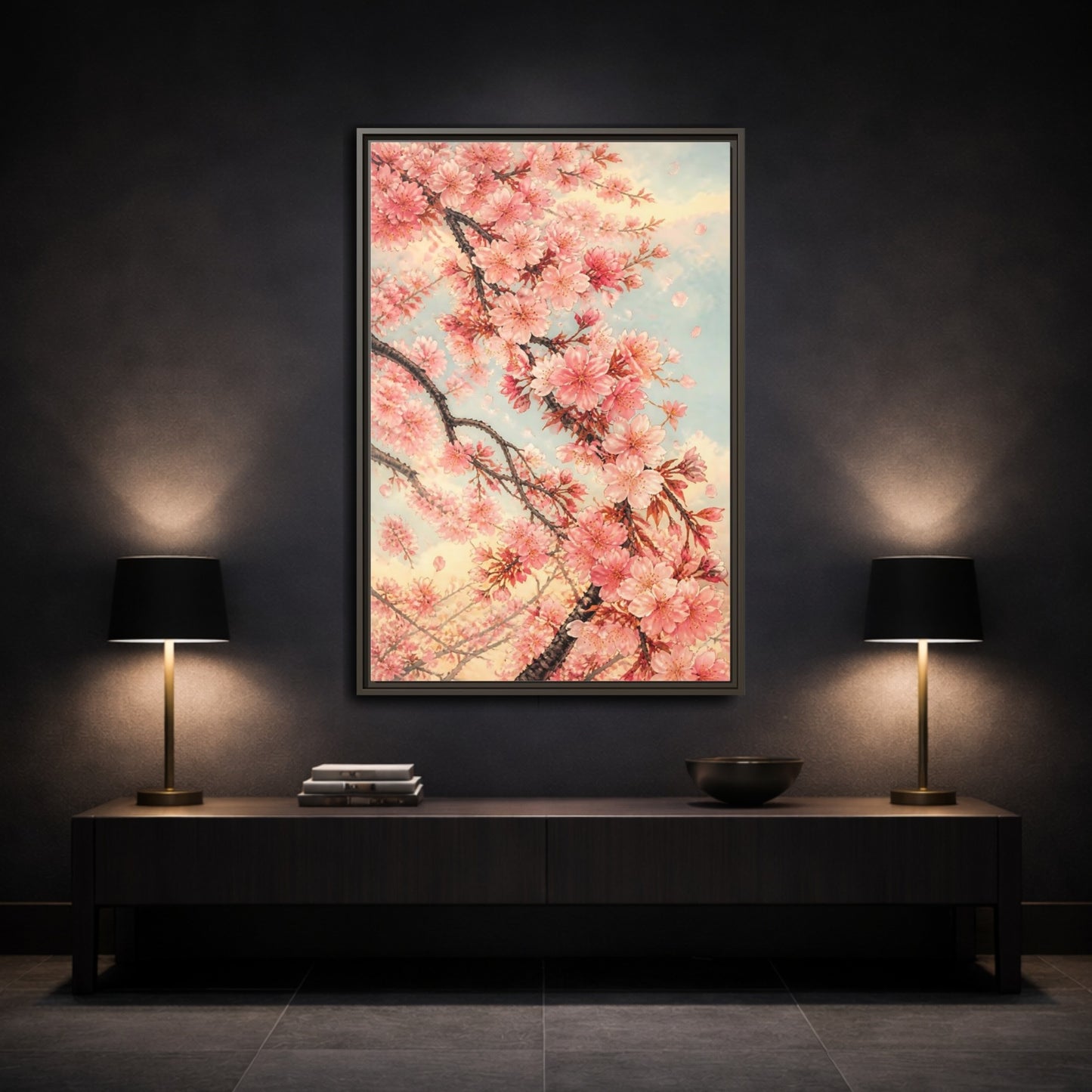 Mockup 3. Cherry Blossom Breeze shown as framed canvas print
