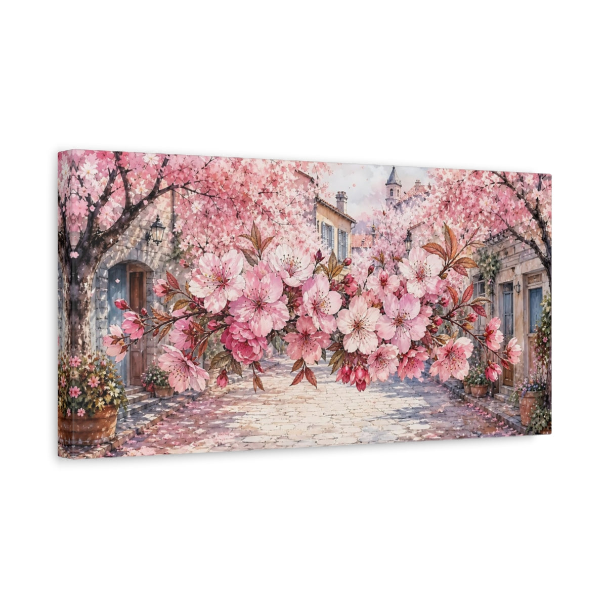 Side Mockup 3. Cherry Blossom Lane shown as canvas print