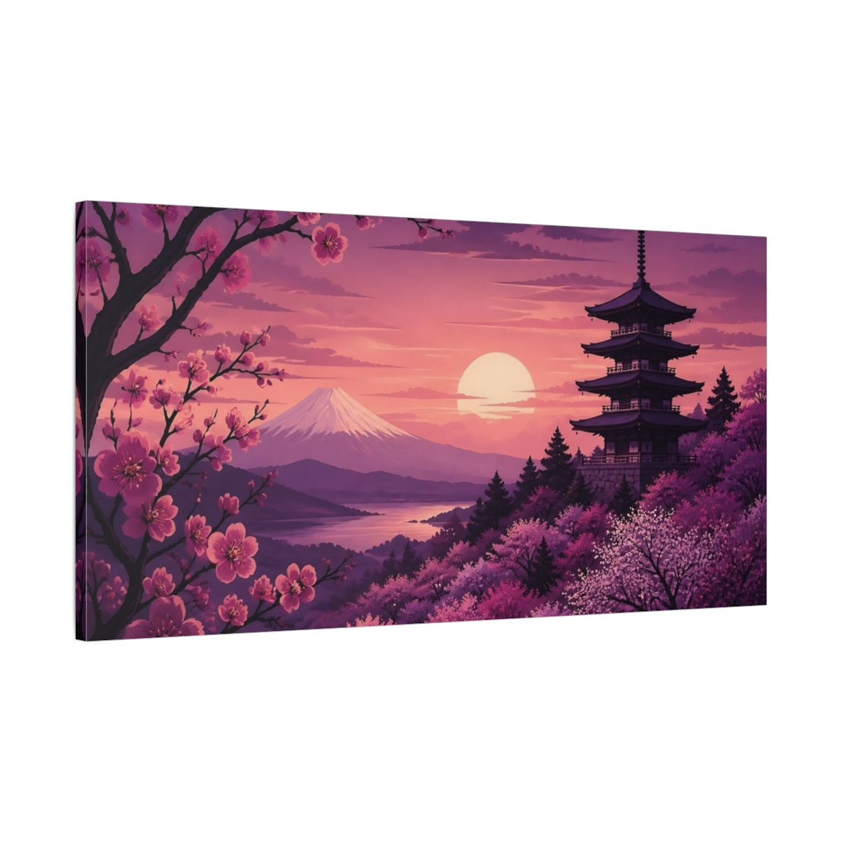Main Mockup. Cherry Blossom Sunset Pagoda shown as canvas print