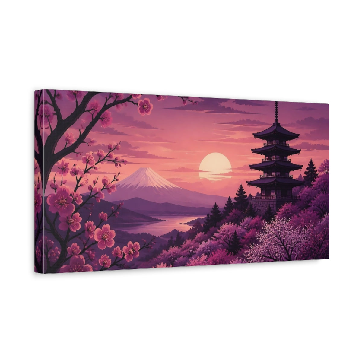 Side Mockup 3. Cherry Blossom Sunset Pagoda shown as canvas print