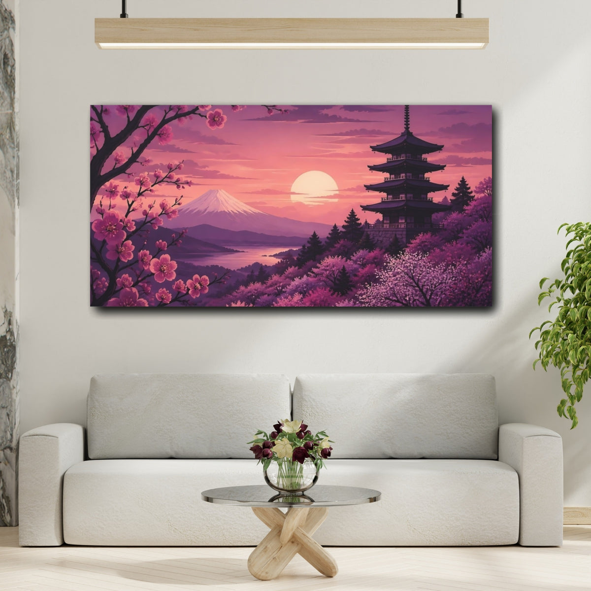 Mockup 2. Cherry Blossom Sunset Pagoda shown as canvas print
