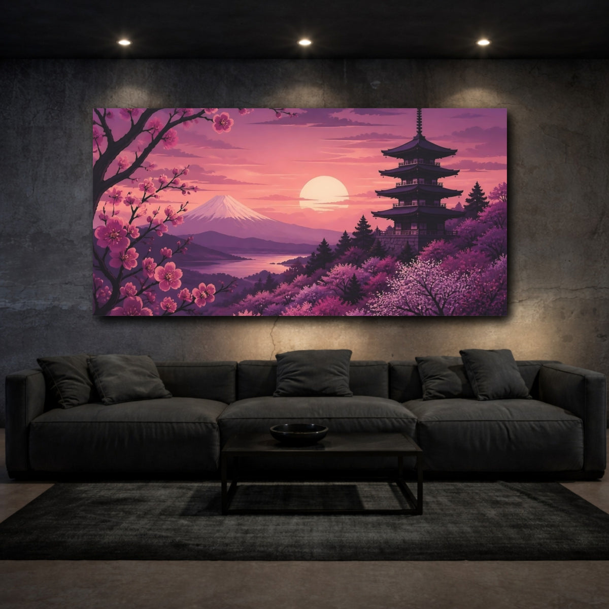 Mockup 3. Cherry Blossom Sunset Pagoda shown as canvas print