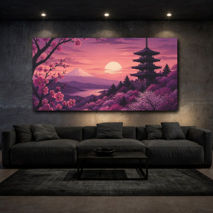 Mockup 3. Cherry Blossom Sunset Pagoda shown as canvas print
