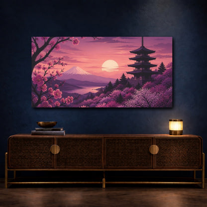 Mockup 4. Cherry Blossom Sunset Pagoda shown as canvas print