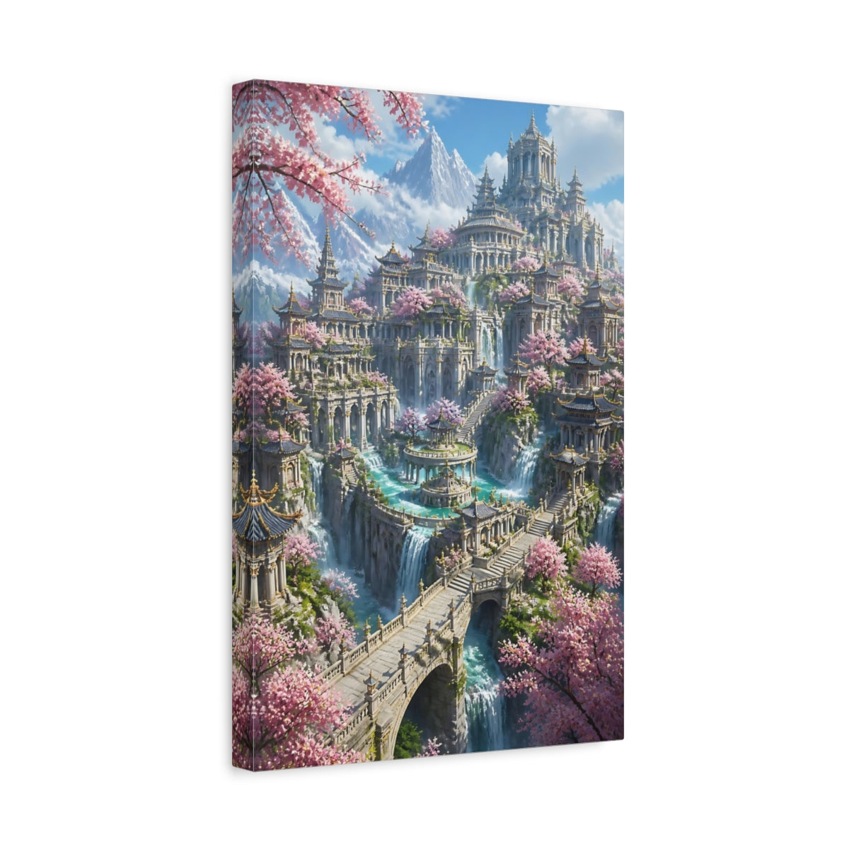 Side Mockup 4. Cherry Blossom Temple City shown as canvas print