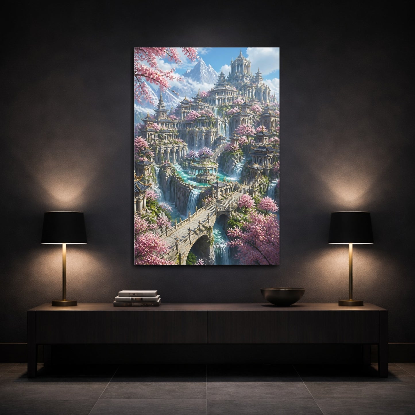 Mockup 3. Cherry Blossom Temple City shown as canvas print