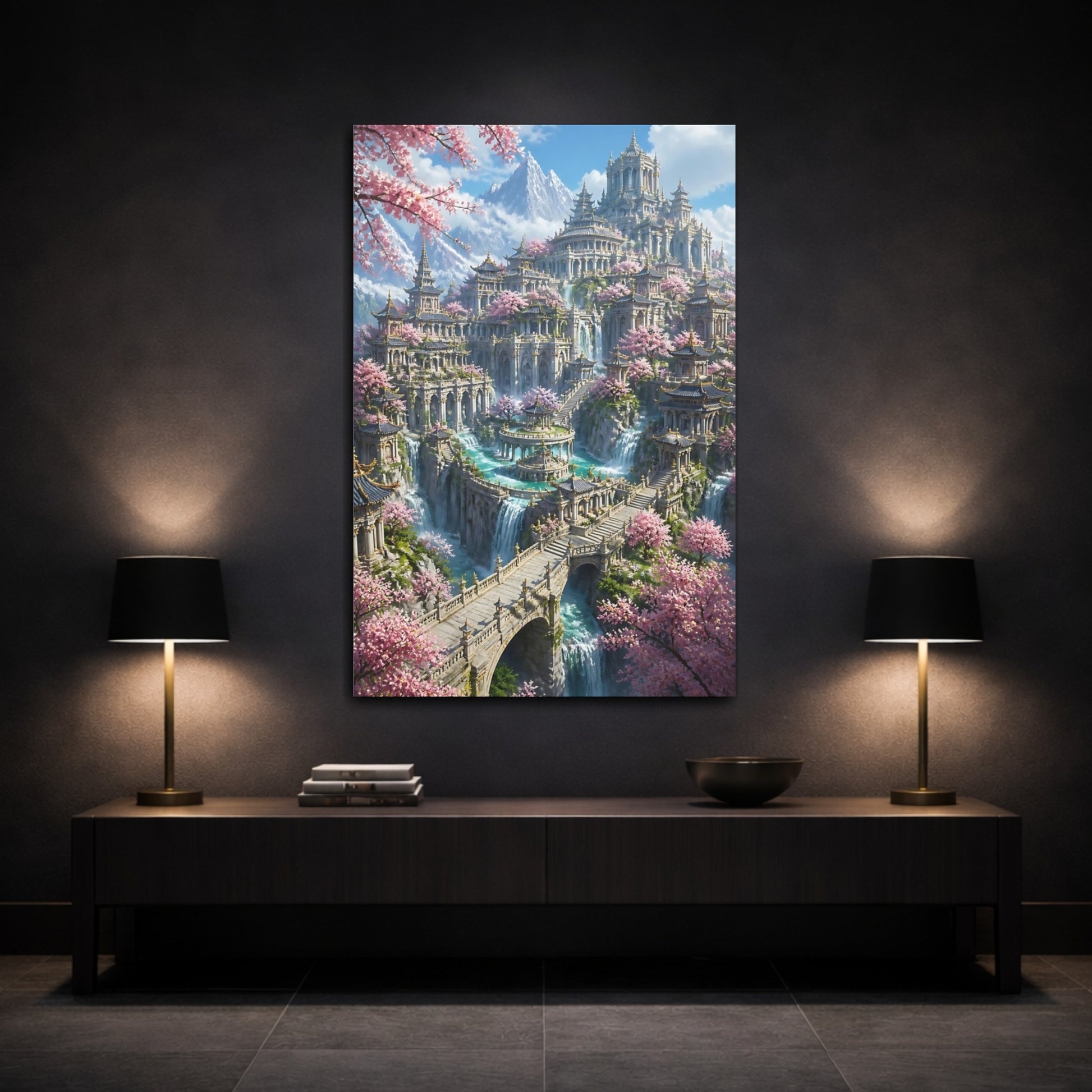 Mockup 3. Cherry Blossom Temple City shown as canvas print