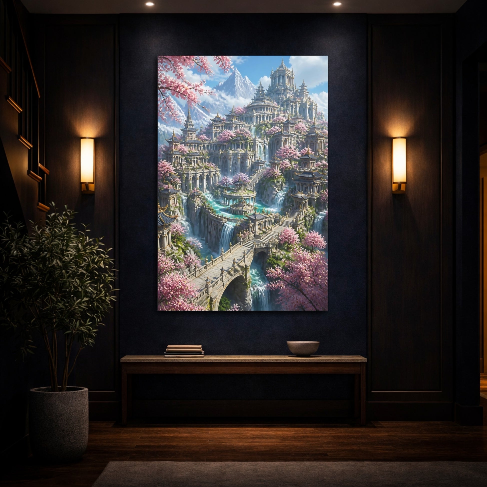 Mockup 4. Cherry Blossom Temple City shown as canvas print