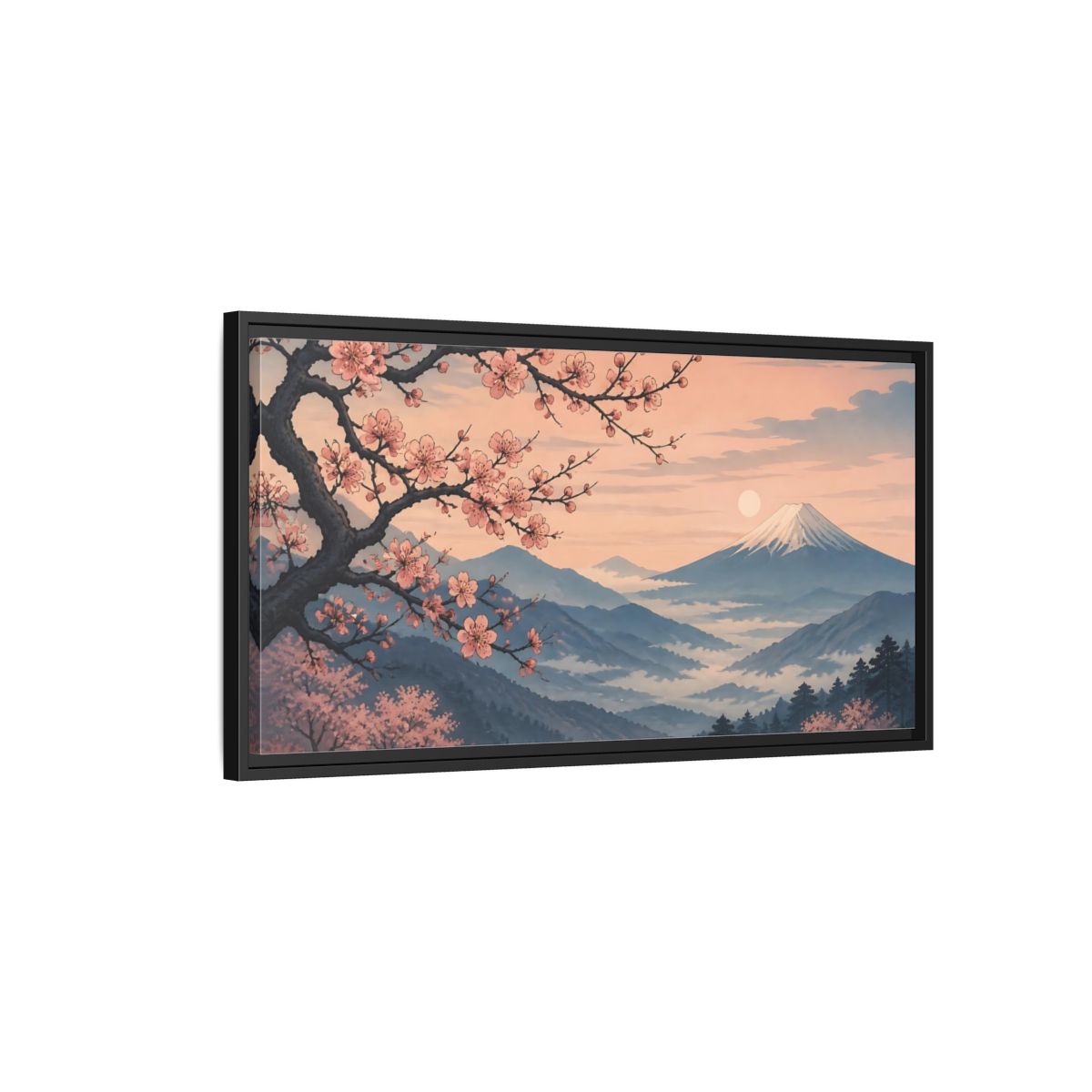 Side Mockup 2. Cherry Blossoms At Dawn shown as framed canvas print