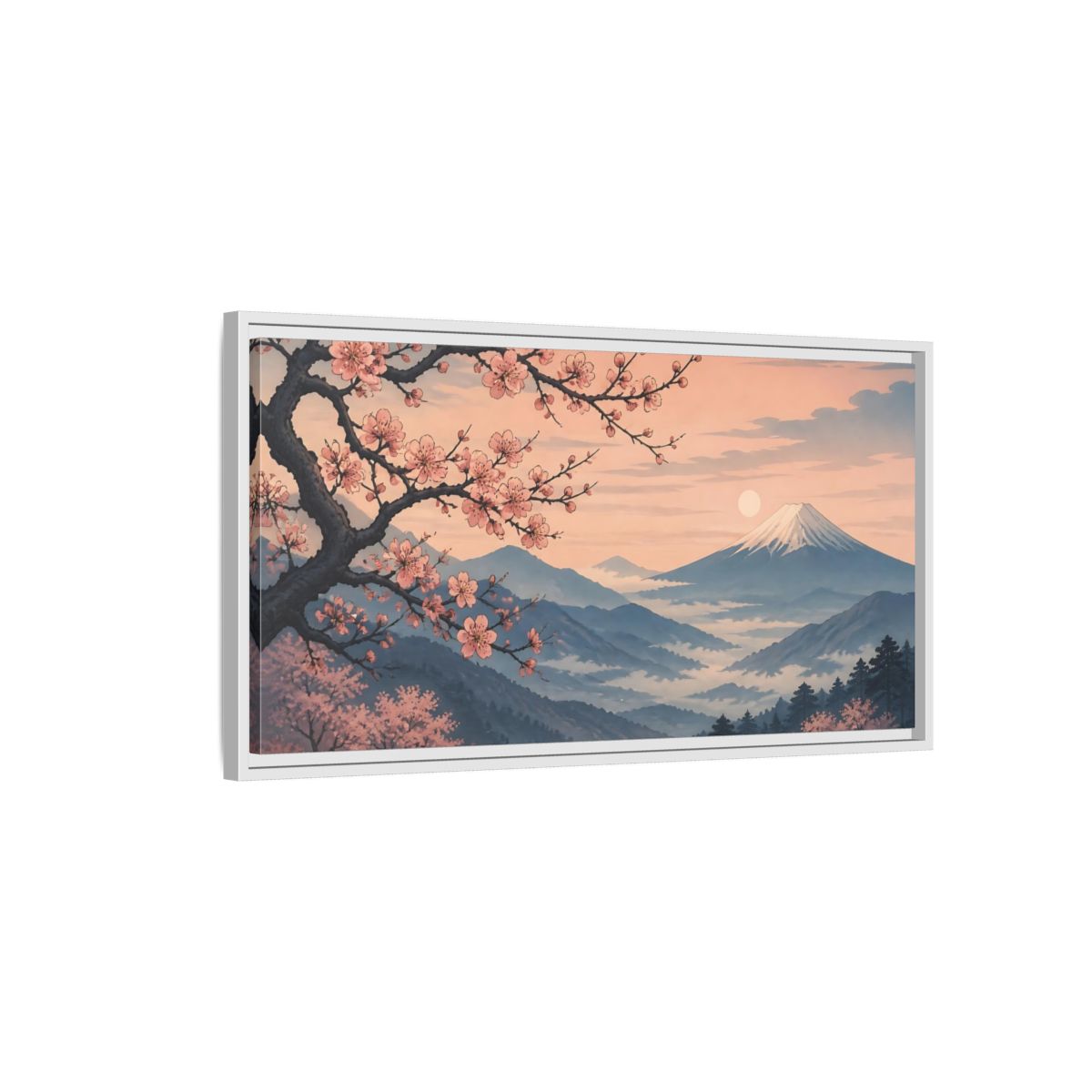 Side Mockup 1. Cherry Blossoms At Dawn shown as framed canvas print