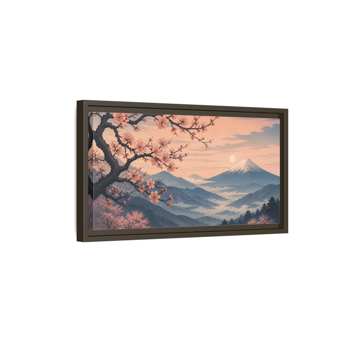 Side Mockup 7. Cherry Blossoms At Dawn shown as framed canvas print