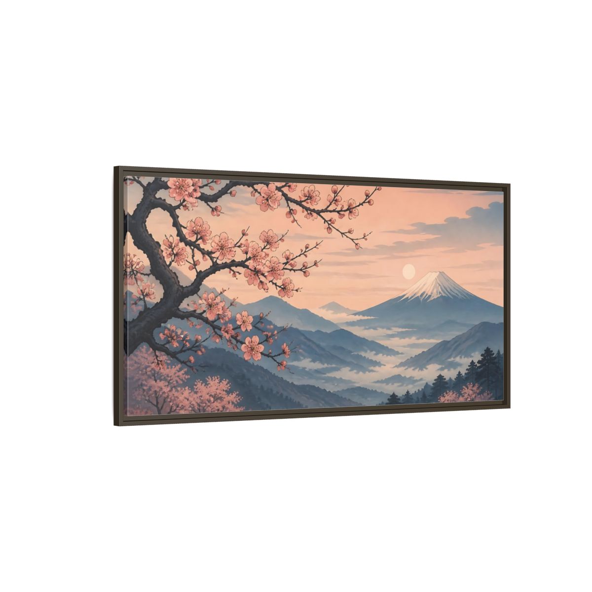 Side Mockup 4. Cherry Blossoms At Dawn shown as framed canvas print