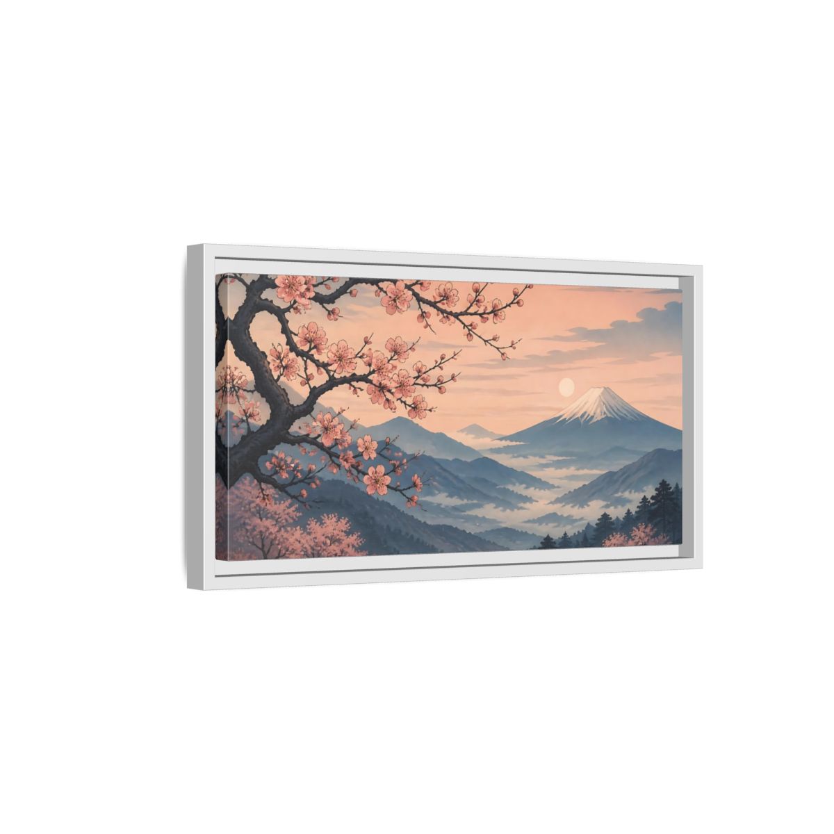 Side Mockup 6. Cherry Blossoms At Dawn shown as framed canvas print