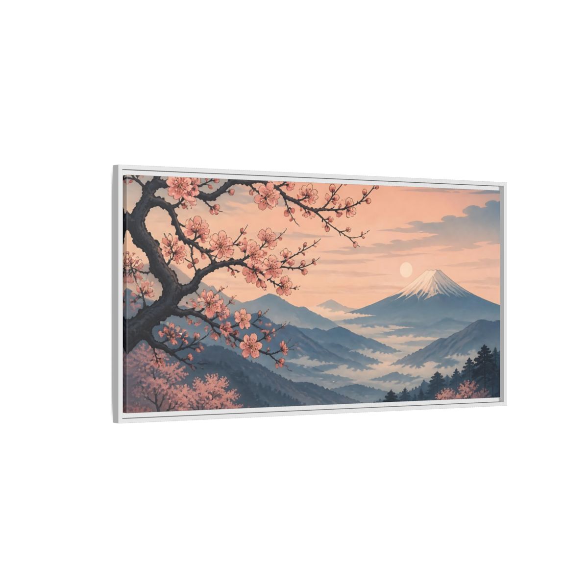 Side Mockup 3. Cherry Blossoms At Dawn shown as framed canvas print