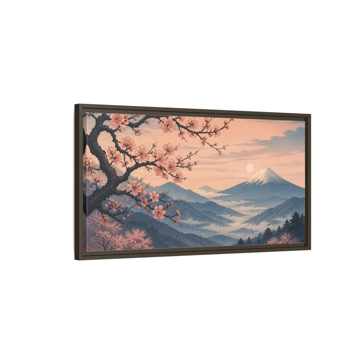 Main Mockup. Cherry Blossoms At Dawn shown as framed canvas print