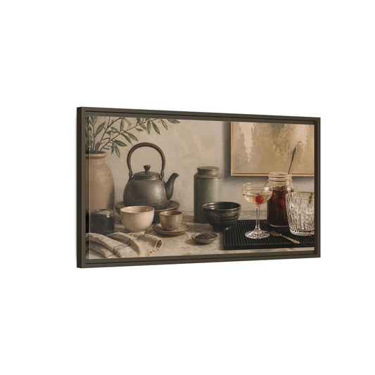 Main Mockup. Cherry Cocktail & Teapot shown as framed canvas print