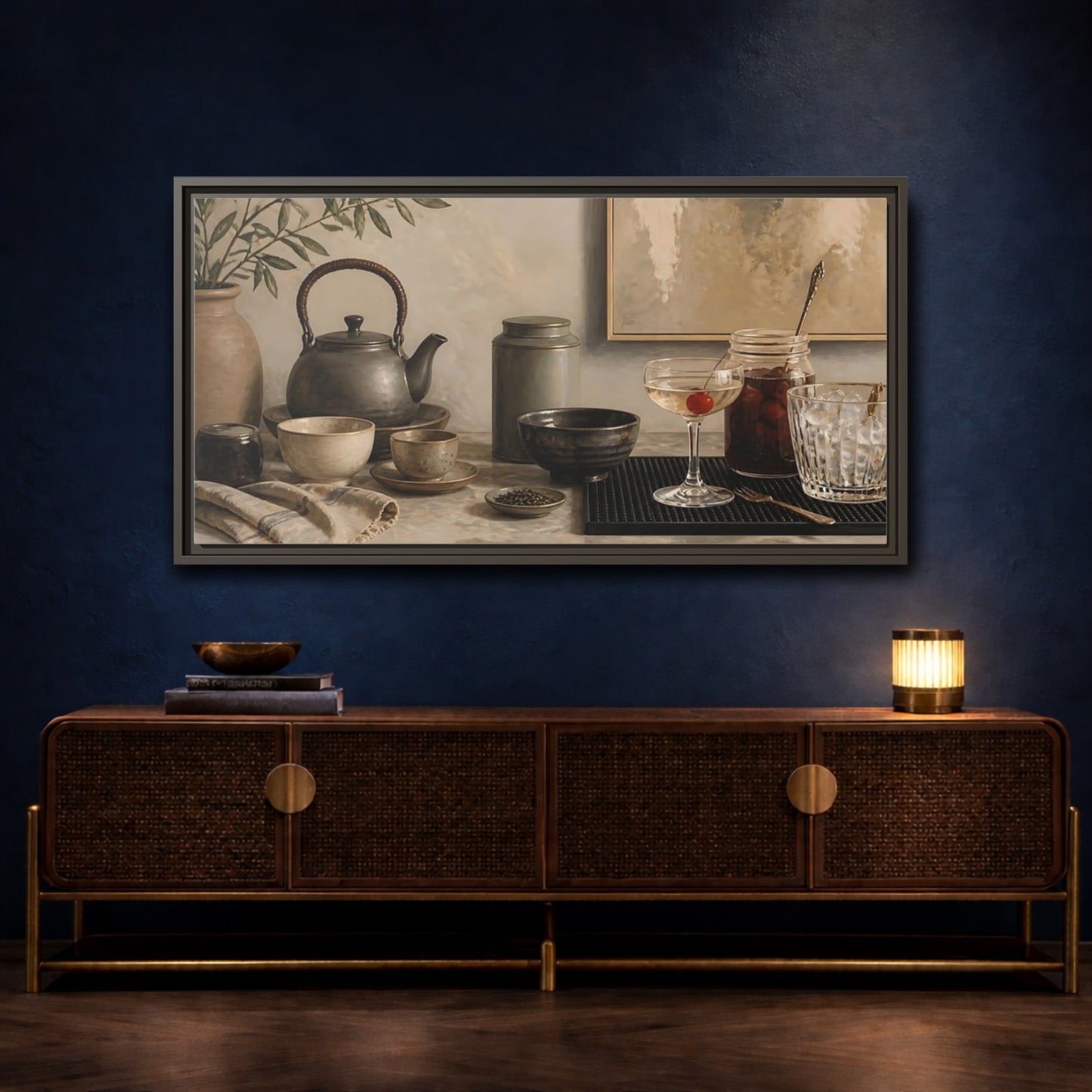 Mockup 4. Cherry Cocktail & Teapot shown as framed canvas print