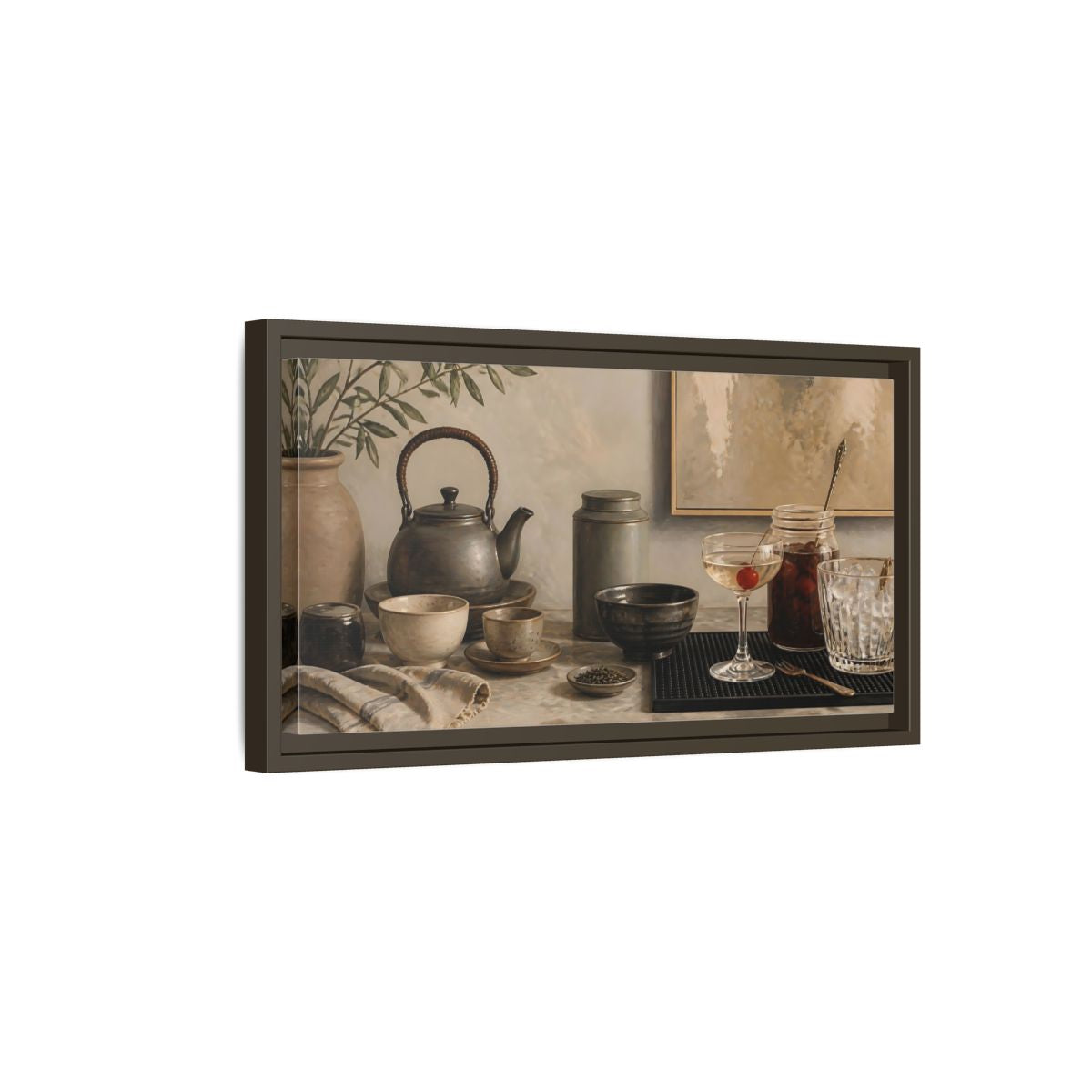 Side Mockup 7. Cherry Cocktail & Teapot shown as framed canvas print
