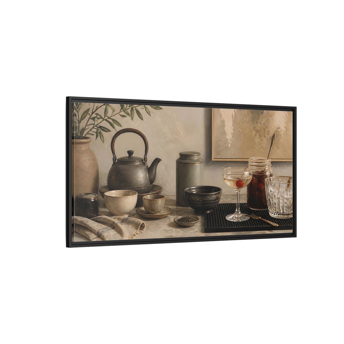 Side Mockup 5. Cherry Cocktail & Teapot shown as framed canvas print