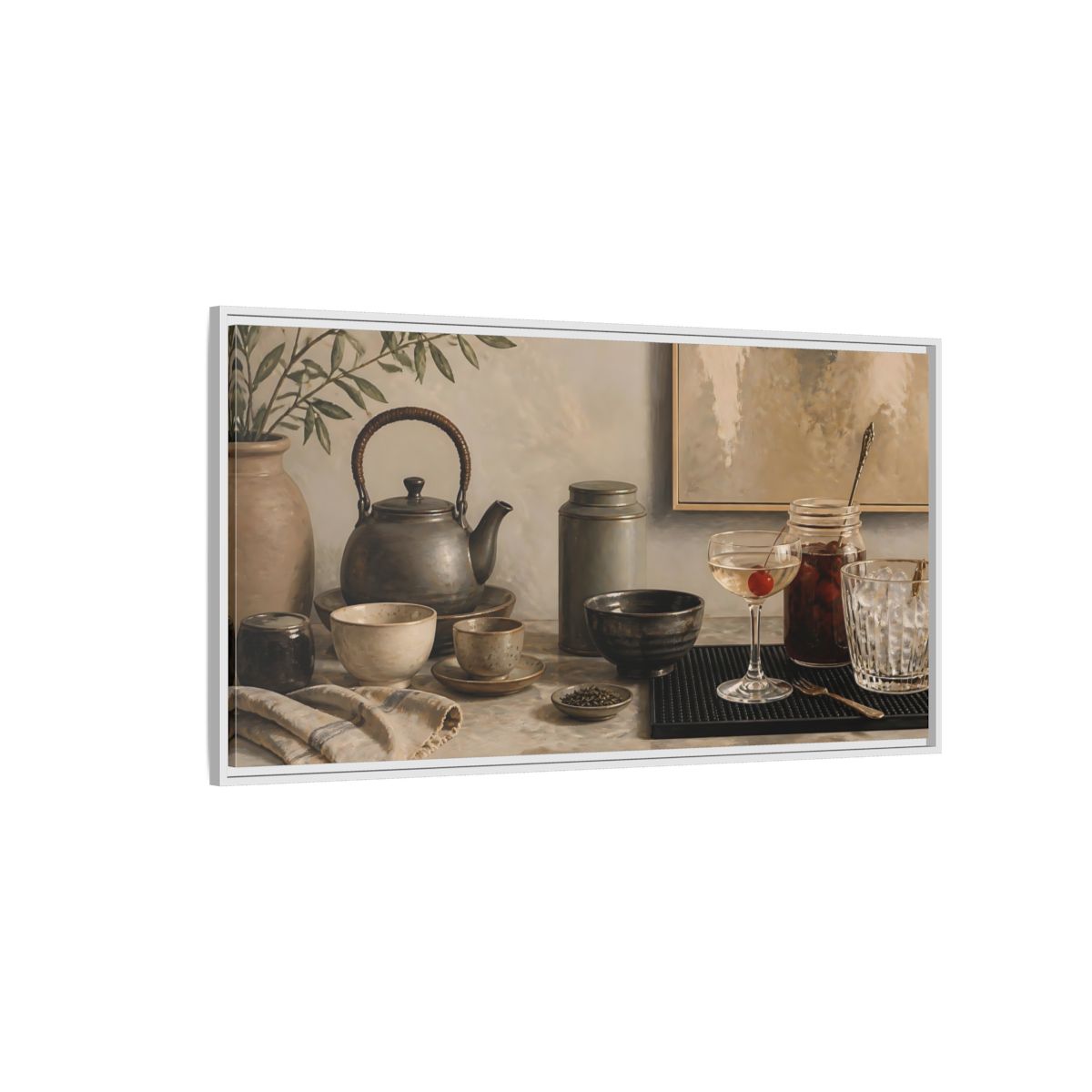 Side Mockup 3. Cherry Cocktail & Teapot shown as framed canvas print