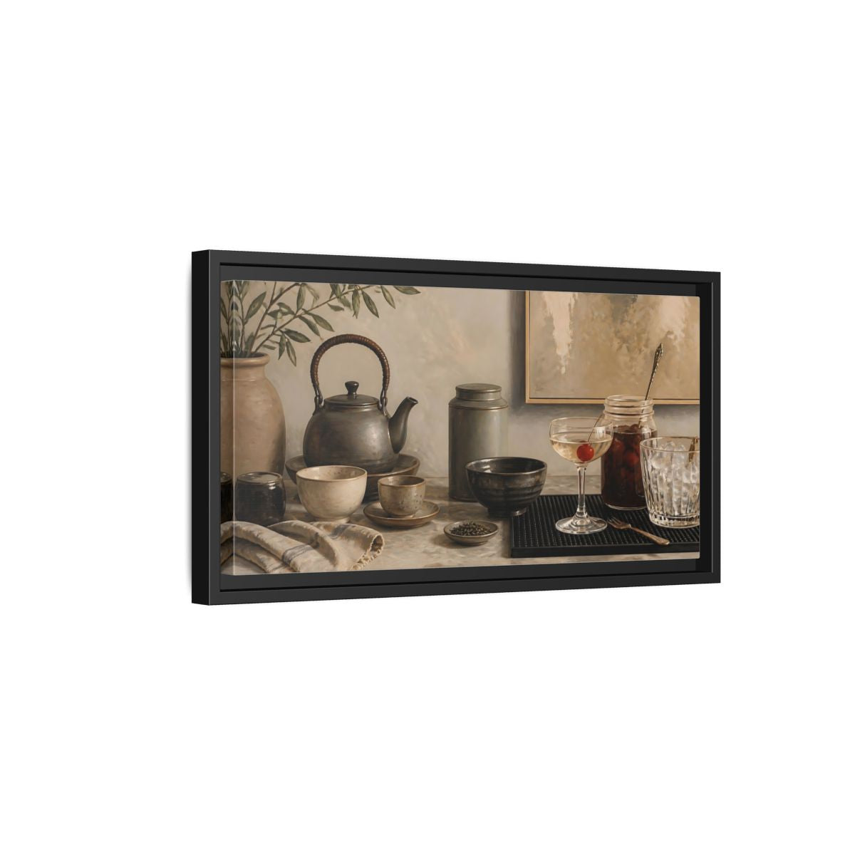 Side Mockup 8. Cherry Cocktail & Teapot shown as framed canvas print