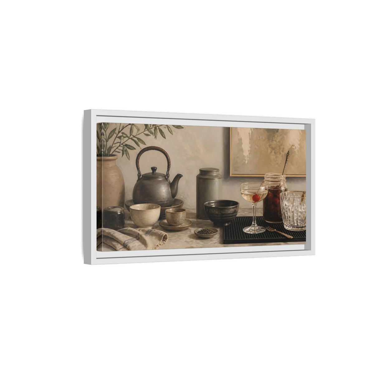 Side Mockup 6. Cherry Cocktail & Teapot shown as framed canvas print