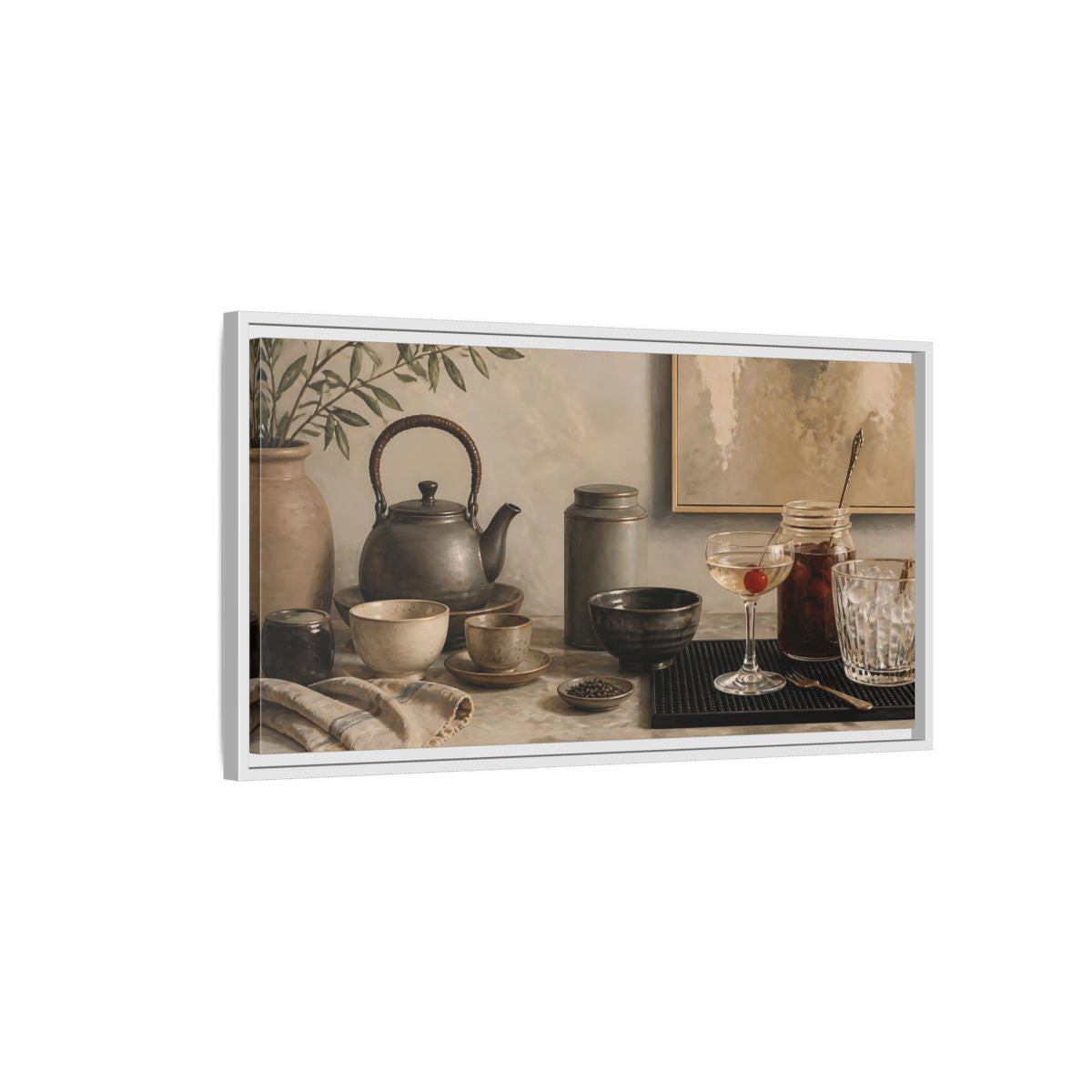 Side Mockup 1. Cherry Cocktail & Teapot shown as framed canvas print