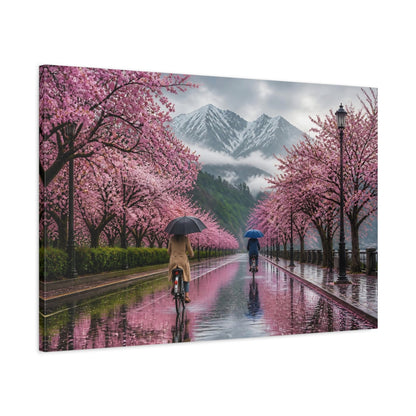 Main Mockup. Cherry Landscape With Cyclists shown as canvas print