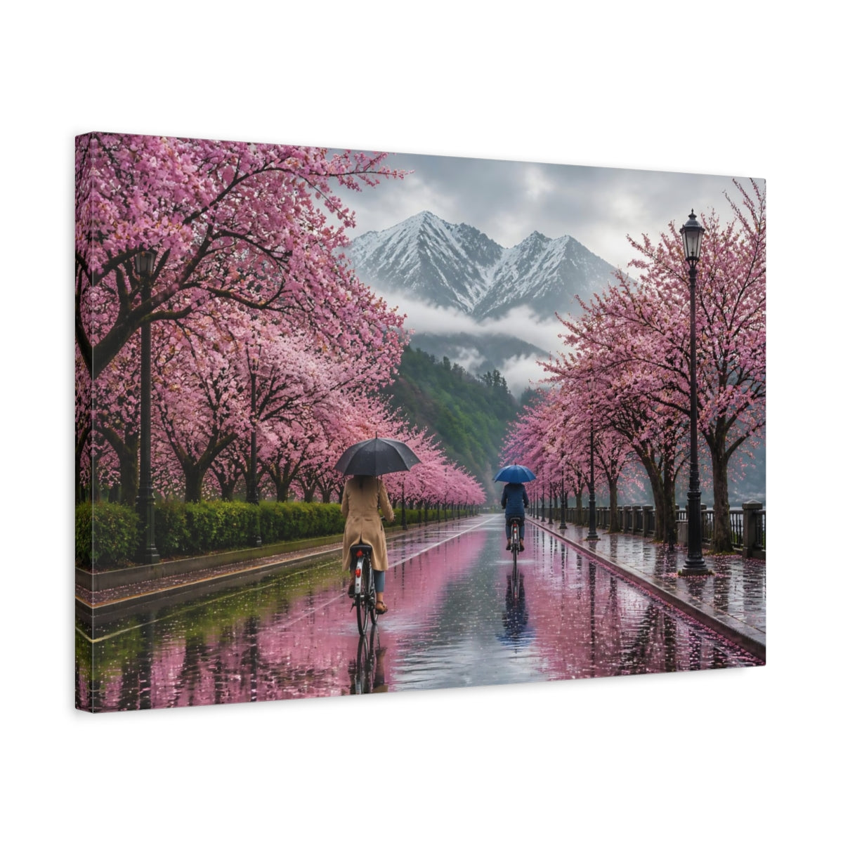 Side Mockup 3. Cherry Landscape With Cyclists shown as canvas print