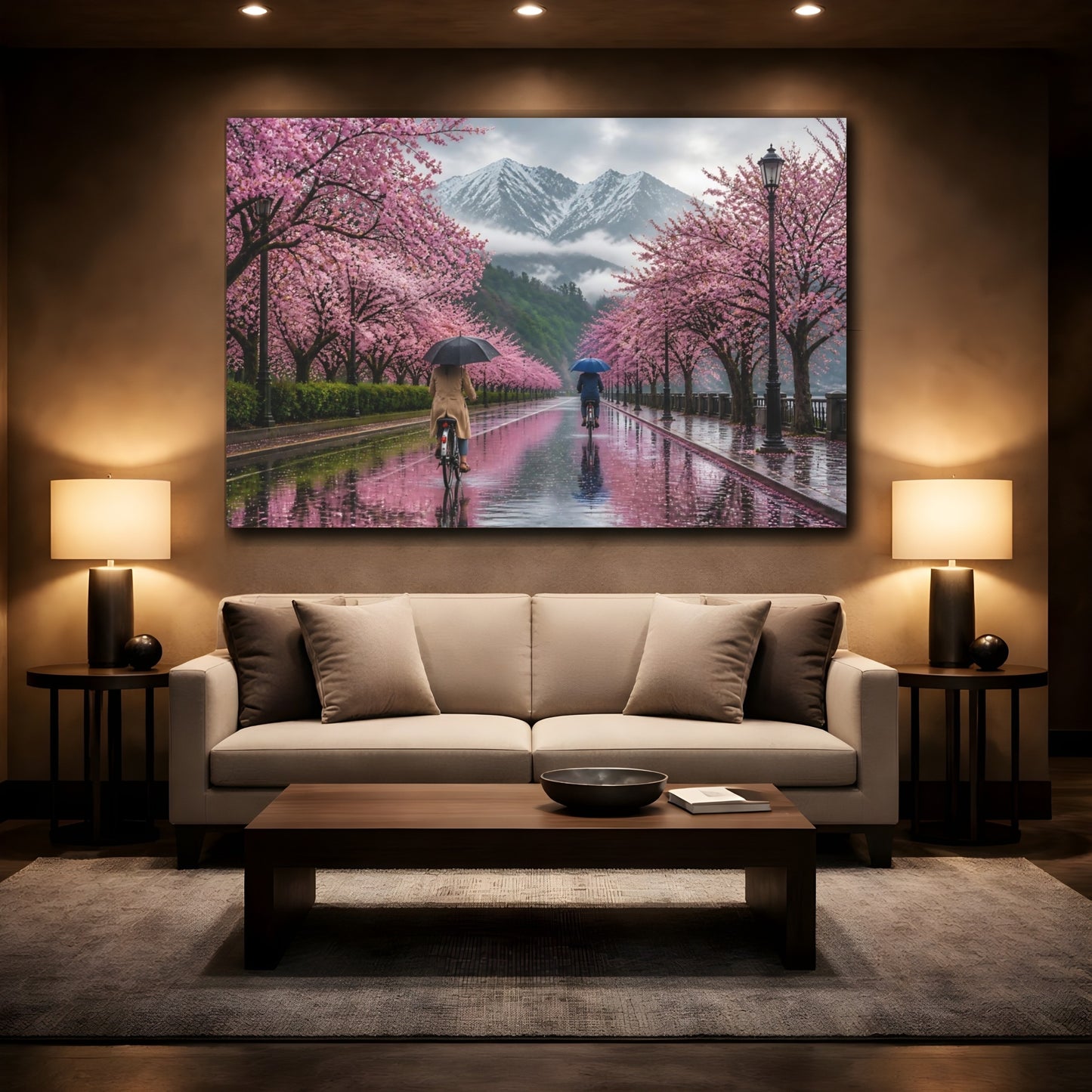 Mockup 2. Cherry Landscape With Cyclists shown as canvas print
