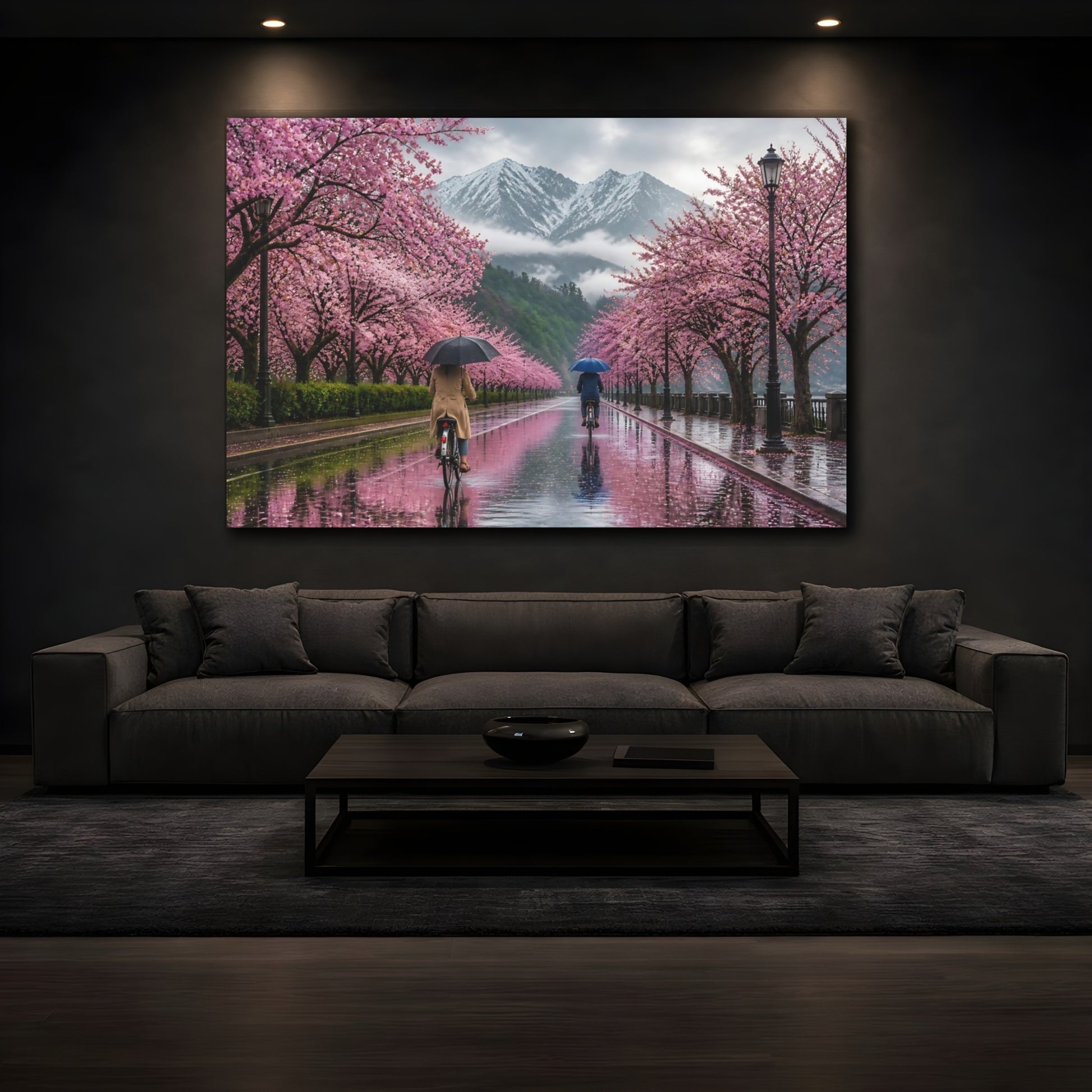 Mockup 3. Cherry Landscape With Cyclists shown as canvas print