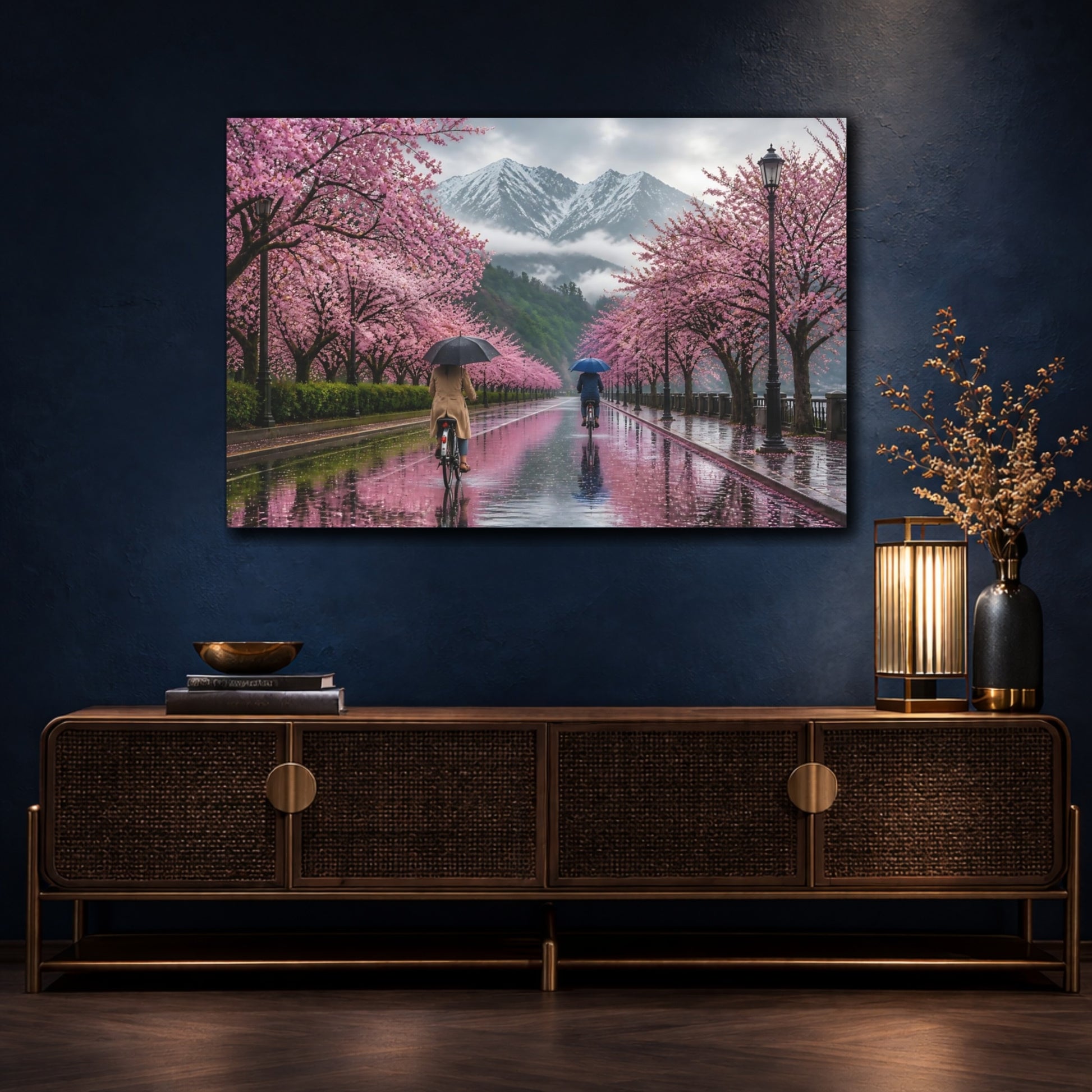 Mockup 4. Cherry Landscape With Cyclists shown as canvas print