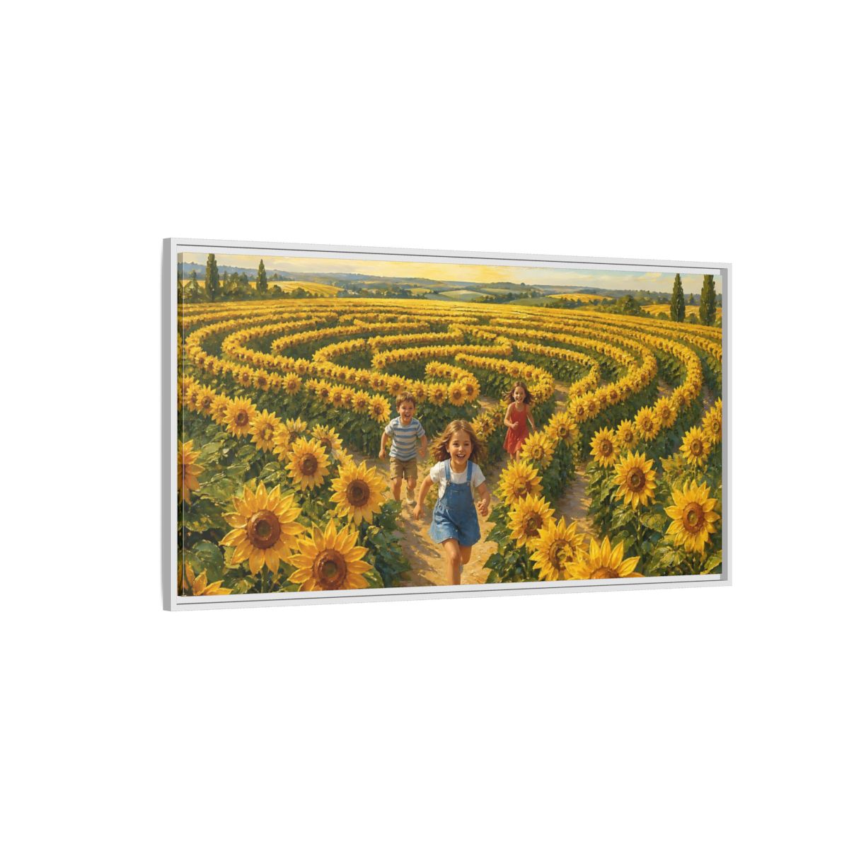 Side Mockup 3. Children In Sunflower Maze shown as framed canvas print