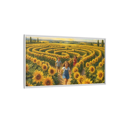 Side Mockup 3. Children In Sunflower Maze shown as framed canvas print