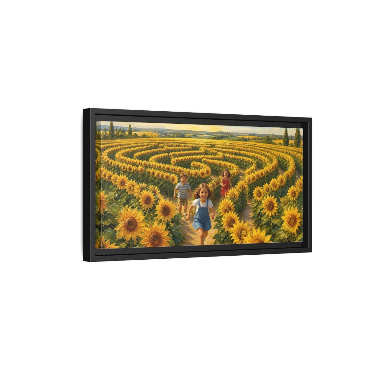 Side Mockup 8. Children In Sunflower Maze shown as framed canvas print
