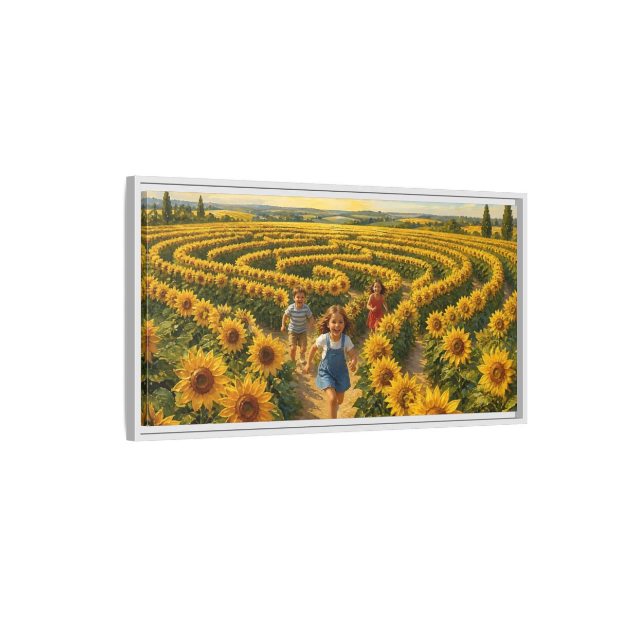 Side Mockup 1. Children In Sunflower Maze shown as framed canvas print