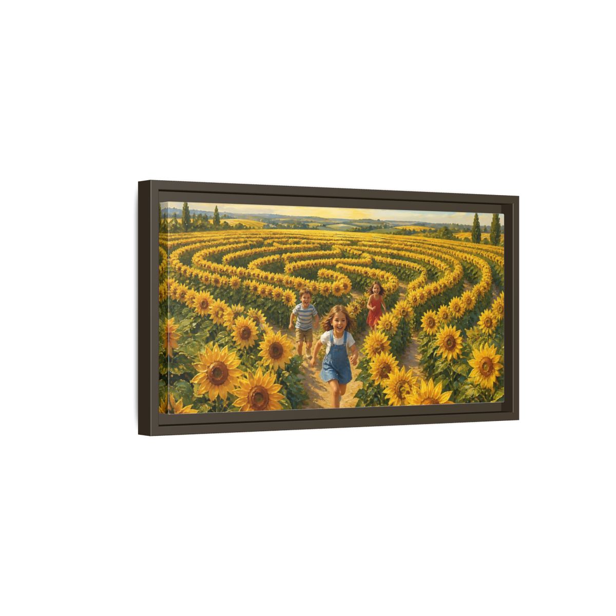 Side Mockup 7. Children In Sunflower Maze shown as framed canvas print