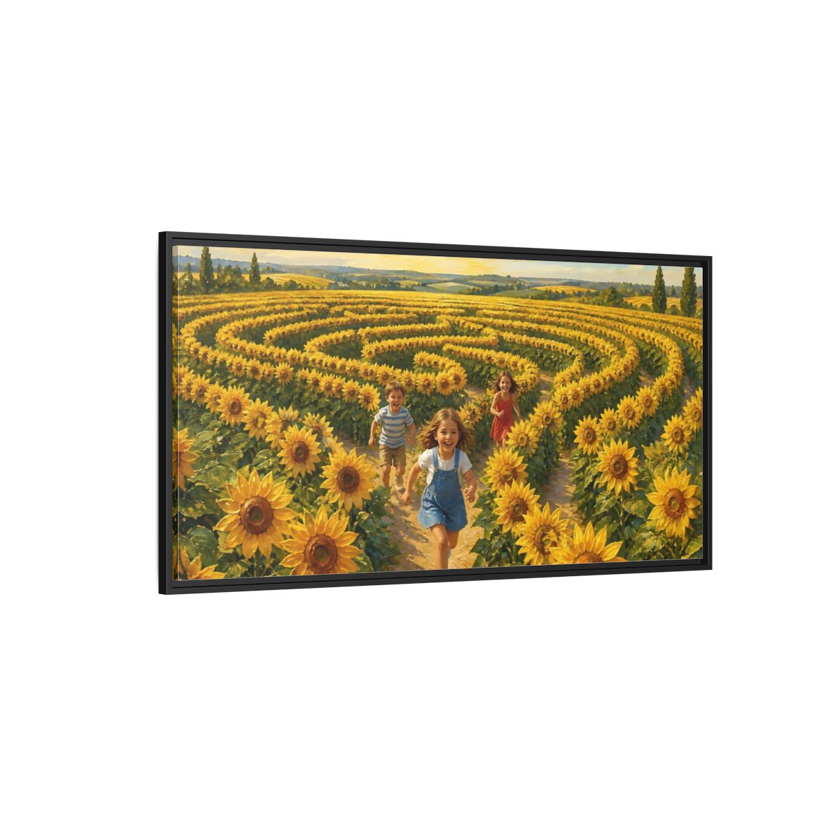 Side Mockup 5. Children In Sunflower Maze shown as framed canvas print