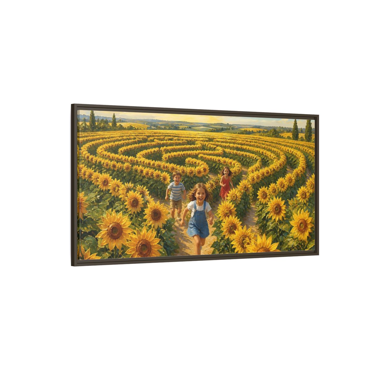 Side Mockup 4. Children In Sunflower Maze shown as framed canvas print