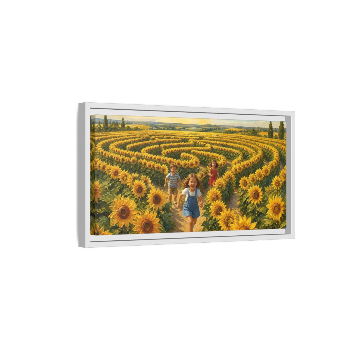 Side Mockup 6. Children In Sunflower Maze shown as framed canvas print