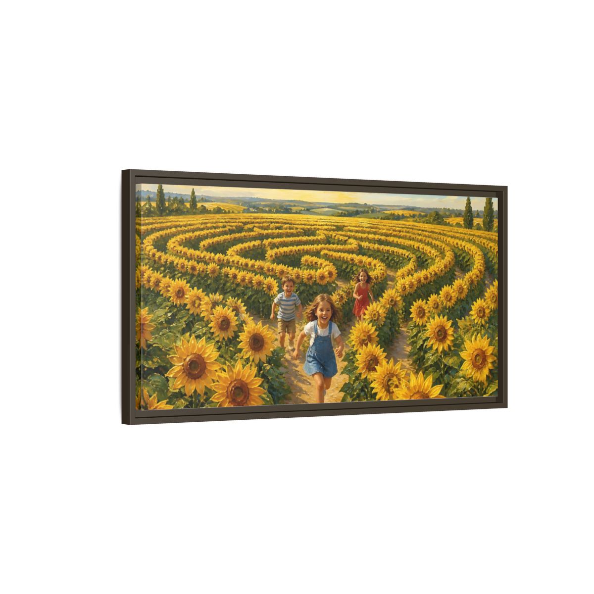 Main Mockup. Children In Sunflower Maze shown as framed canvas print