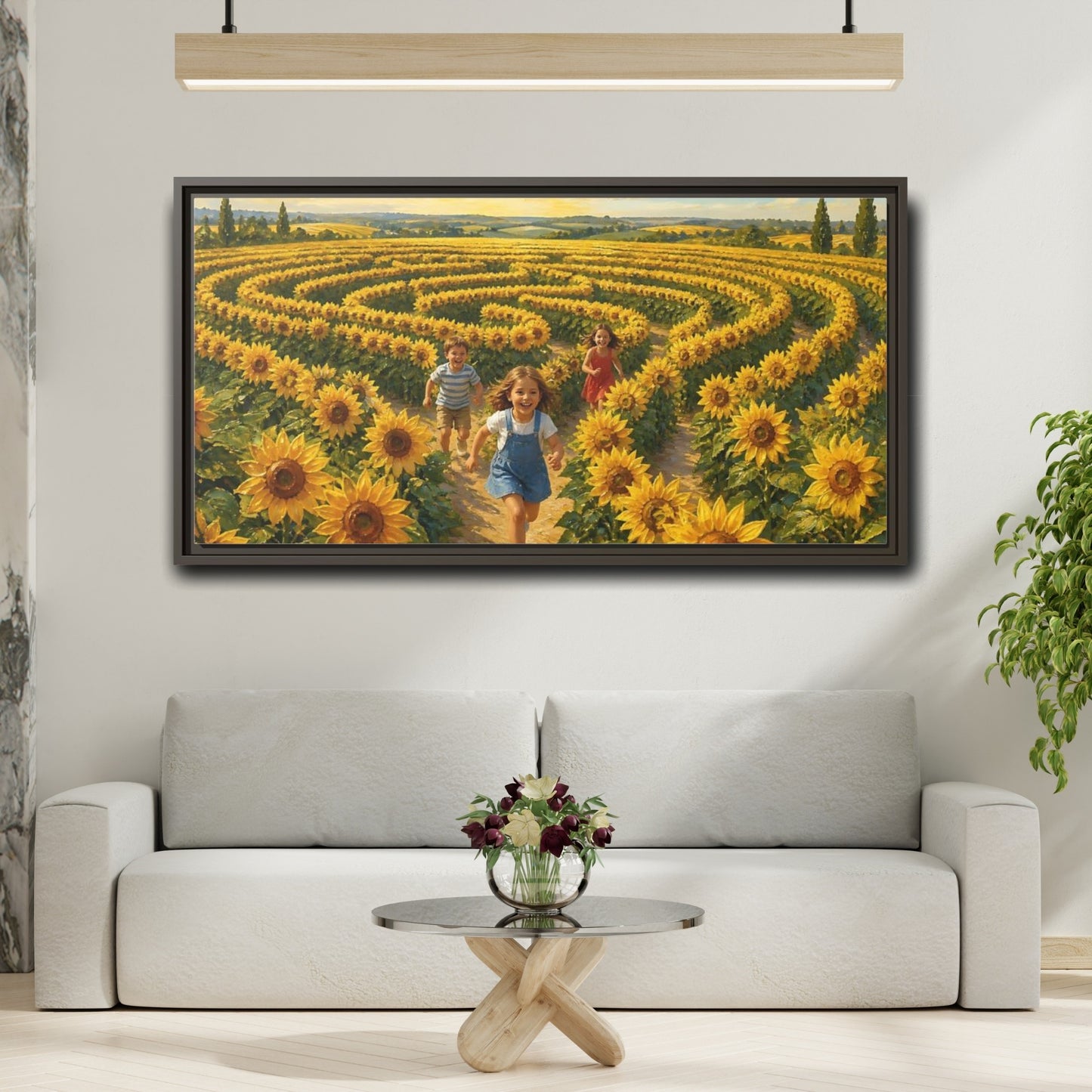 Mockup 2. Children In Sunflower Maze shown as framed canvas print