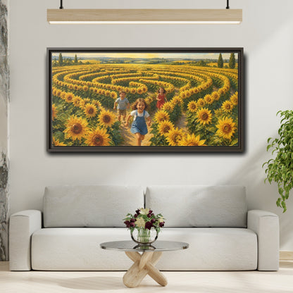 Mockup 2. Children In Sunflower Maze shown as framed canvas print