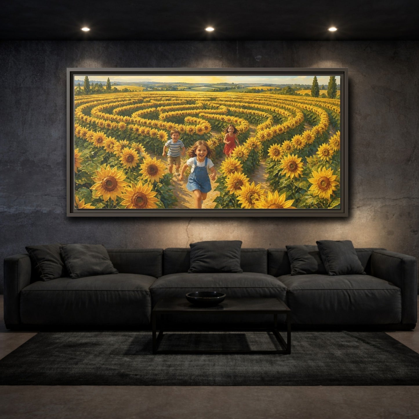 Mockup 3. Children In Sunflower Maze shown as framed canvas print