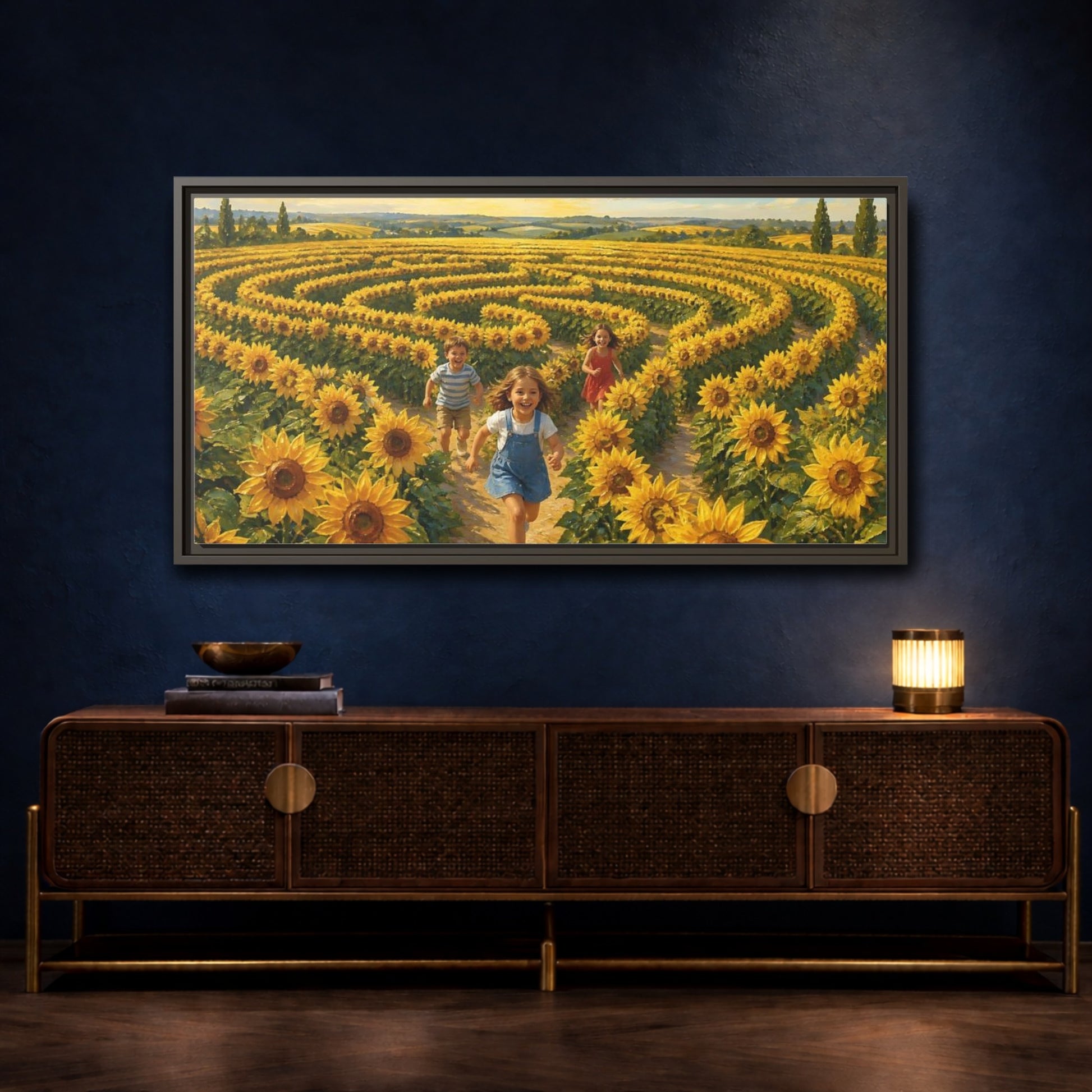 Mockup 4. Children In Sunflower Maze shown as framed canvas print