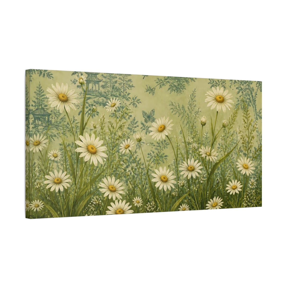 Side Mockup 1. Chinoiserie Daisy Meadow shown as canvas print