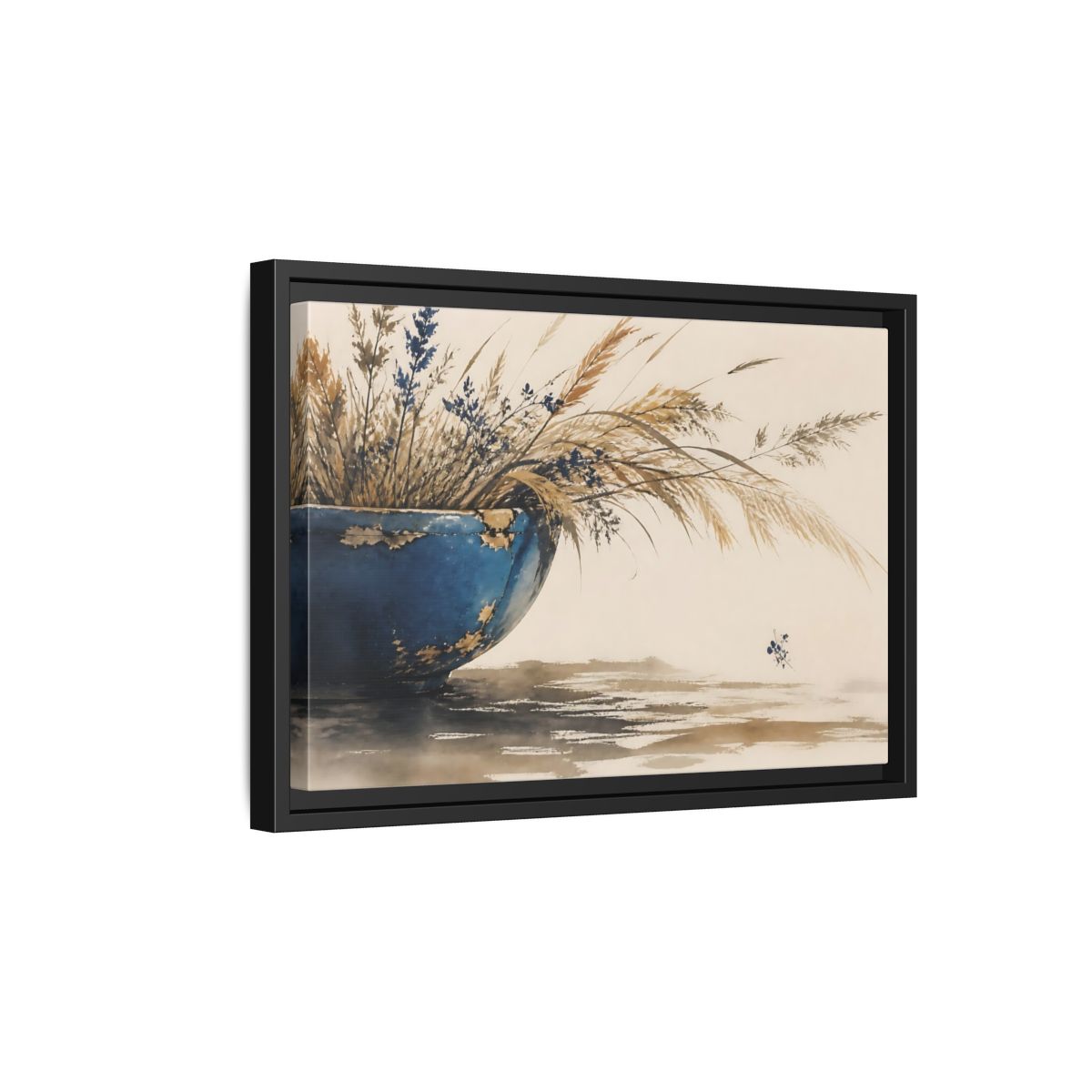 Side Mockup 6. Chipped Blue Bowl With Grasses shown as framed canvas print