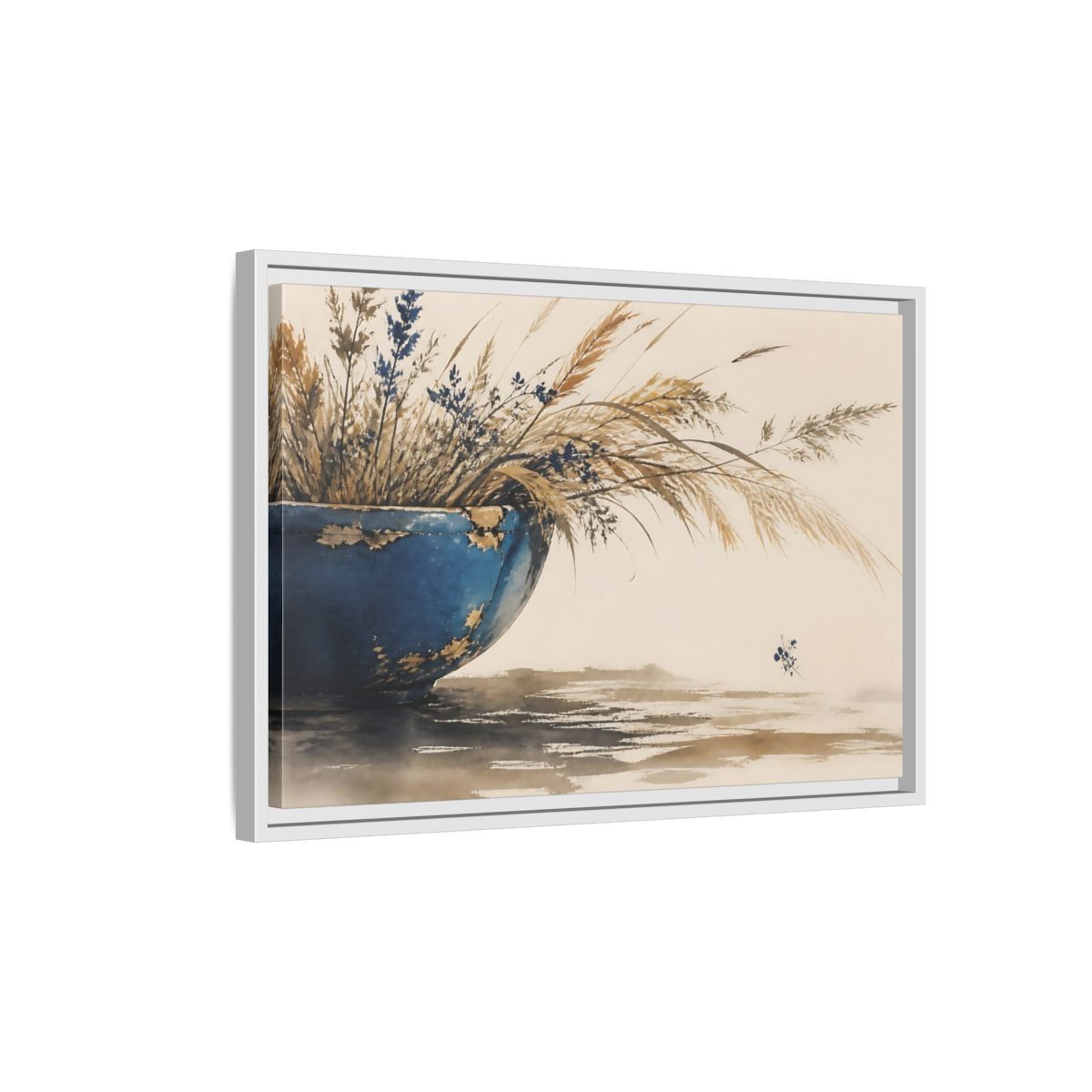 Side Mockup 1. Chipped Blue Bowl With Grasses shown as framed canvas print