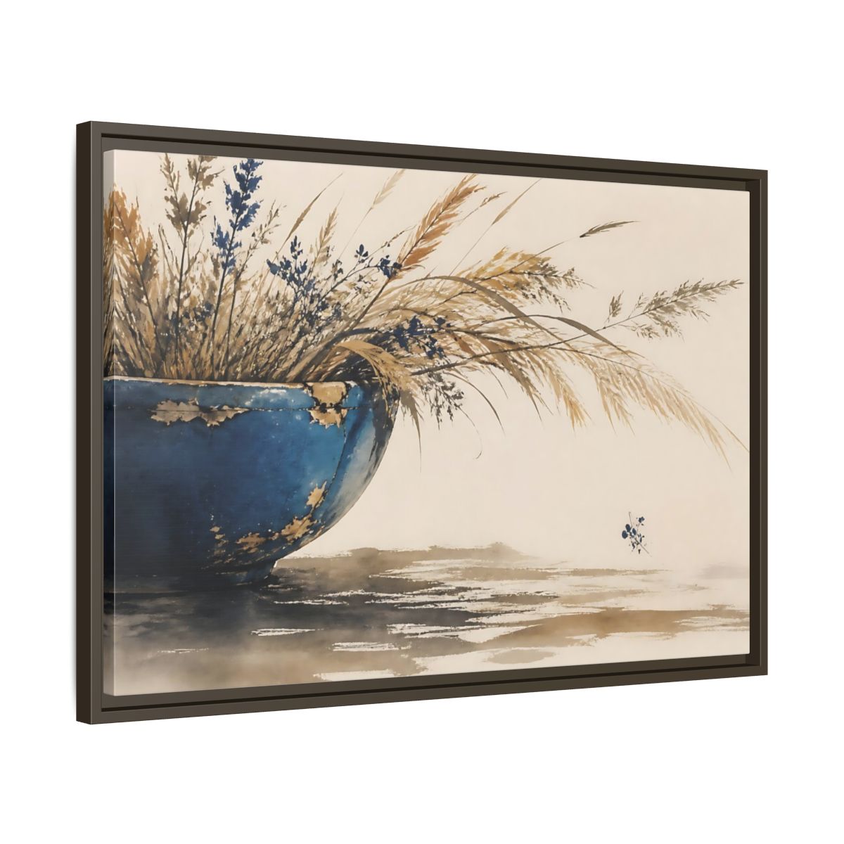 Side Mockup 11. Chipped Blue Bowl With Grasses shown as framed canvas print